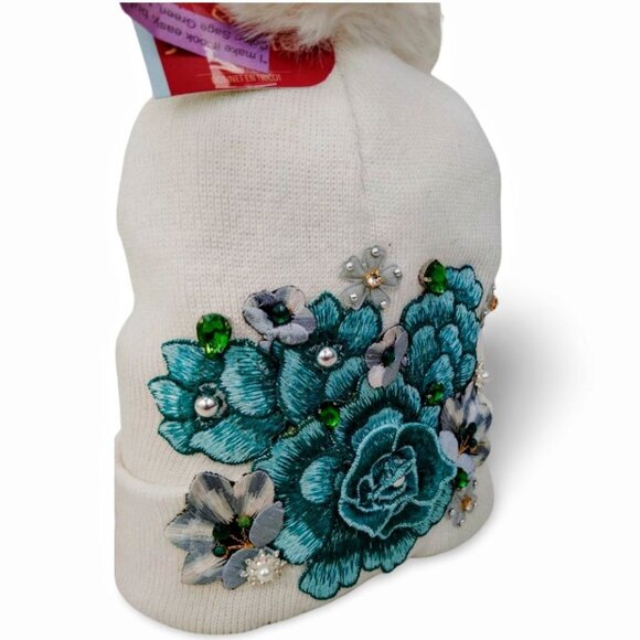 Vibrate Jewel Tone Floral Embroidered Off White Pearl Accent Knit Beanie  TT1521 - Picture 3 of 5